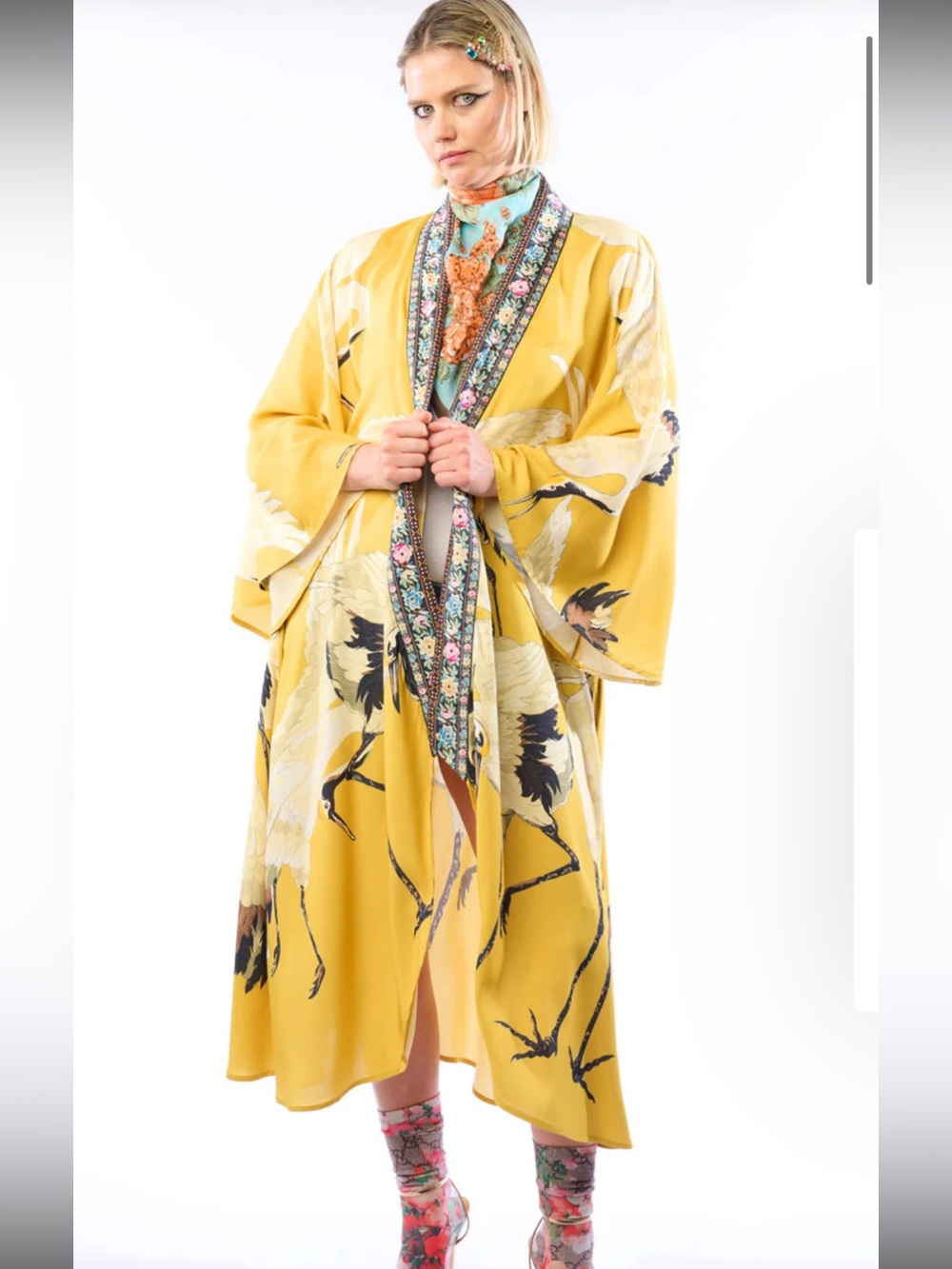 NWT Aratta Silent Journey- Story of The Crane Print Mustard Kimono